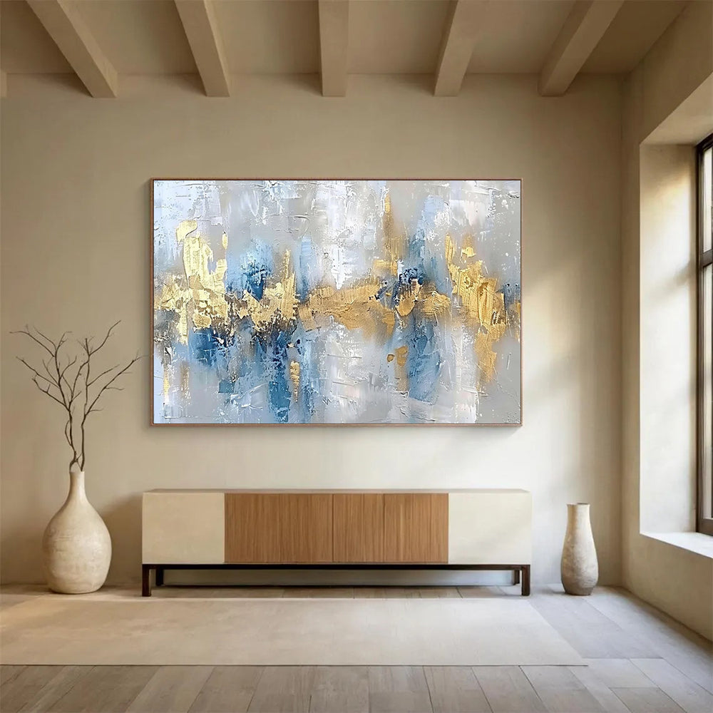 “Cool Blue & Gold Fusion” - Abstract Metallic Painting On Canvas PT046