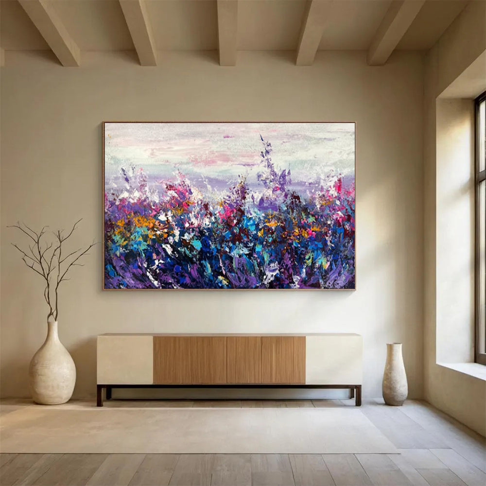 “Purple - Blue Flower Field” - Impressionist Landscape - Painting On Canvas PT1777