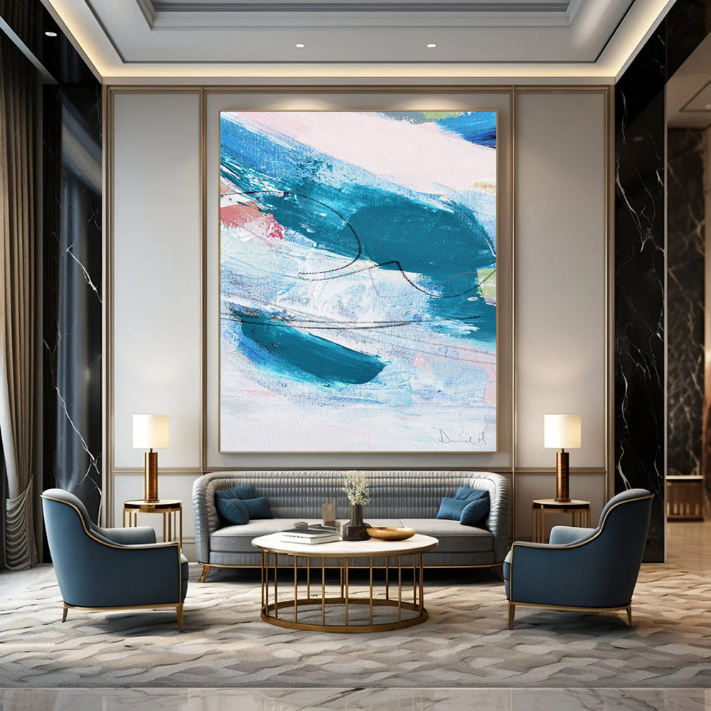 “Blue - Swirl Abstract” - Dynamic Blue Strokes & Black Lines Painting On Canvas DS151