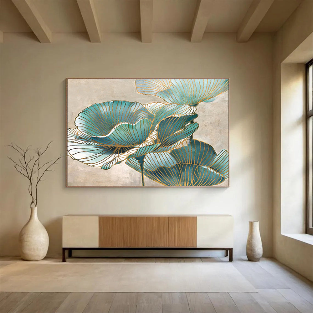 “Teal & Gold Flowers” - Decorative Floral Painting On Canvas DKS428