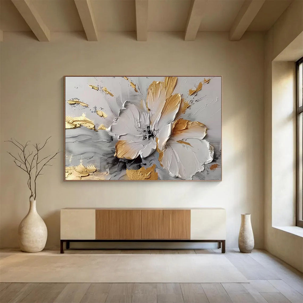 Gilded Bloom - Textured Floral Acrylic Painting, Suited for Dining Room & Entryway DKS677