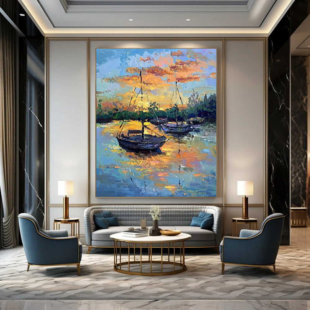 “Colorful Sunset Harbor Boats” - Impressionist Maritime Painting On Canvas PT1882
