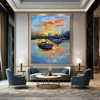 “Colorful Sunset Harbor Boats” - Impressionist Maritime Painting On Canvas PT1882