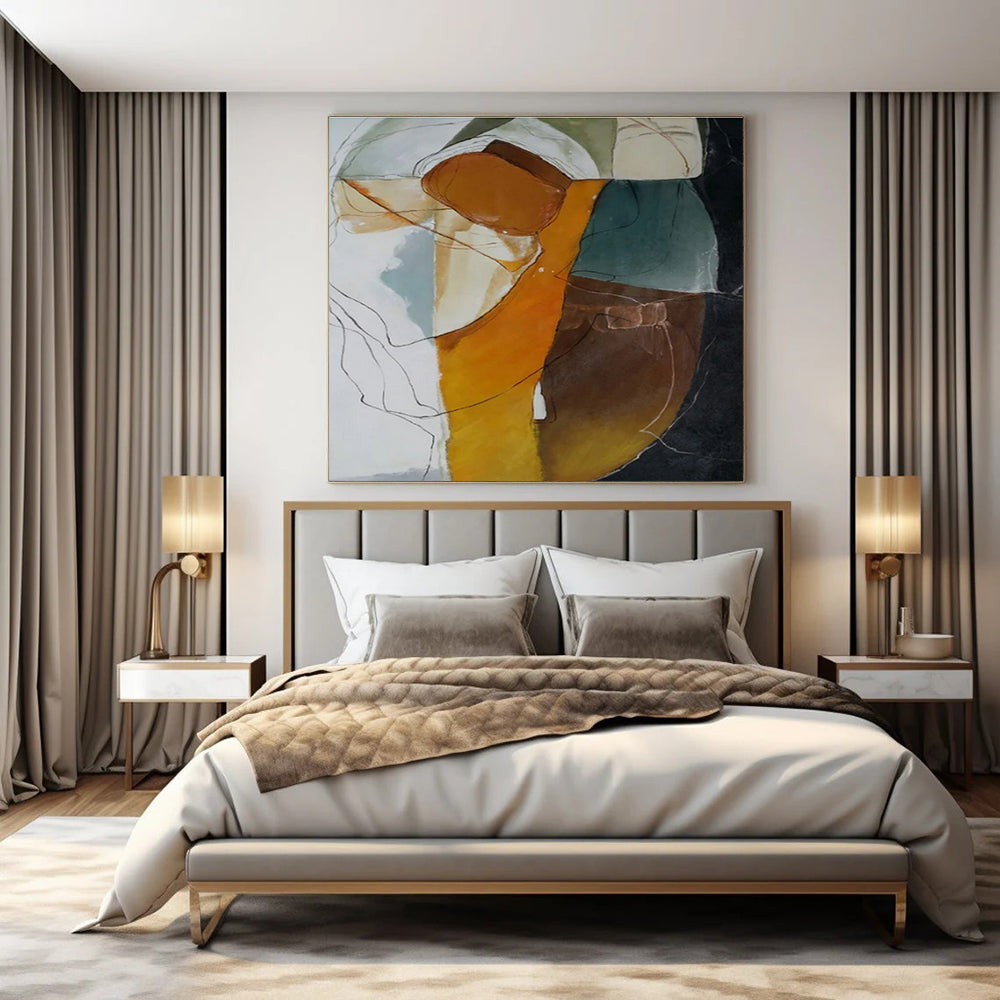 Orange, Green, Blue, White with Flowing Shapes "Colorful Fusion" Abstract Painting On Canvas PS1457