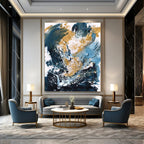 “Blue, Gold & White Abstract Splash” - Dynamic Colors with Energetic Marks Painting On Canvas DS234