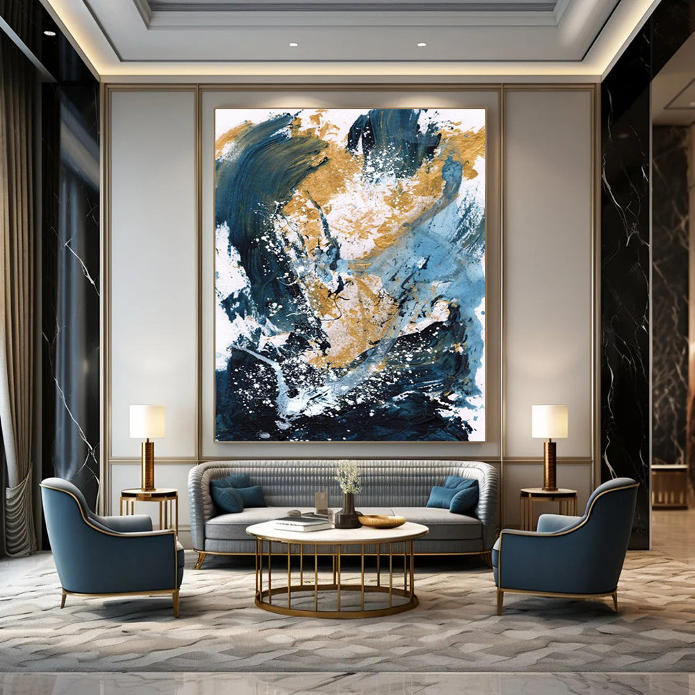 “Blue, Gold & White Abstract Splash” - Dynamic Colors with Energetic Marks Painting On Canvas DS234