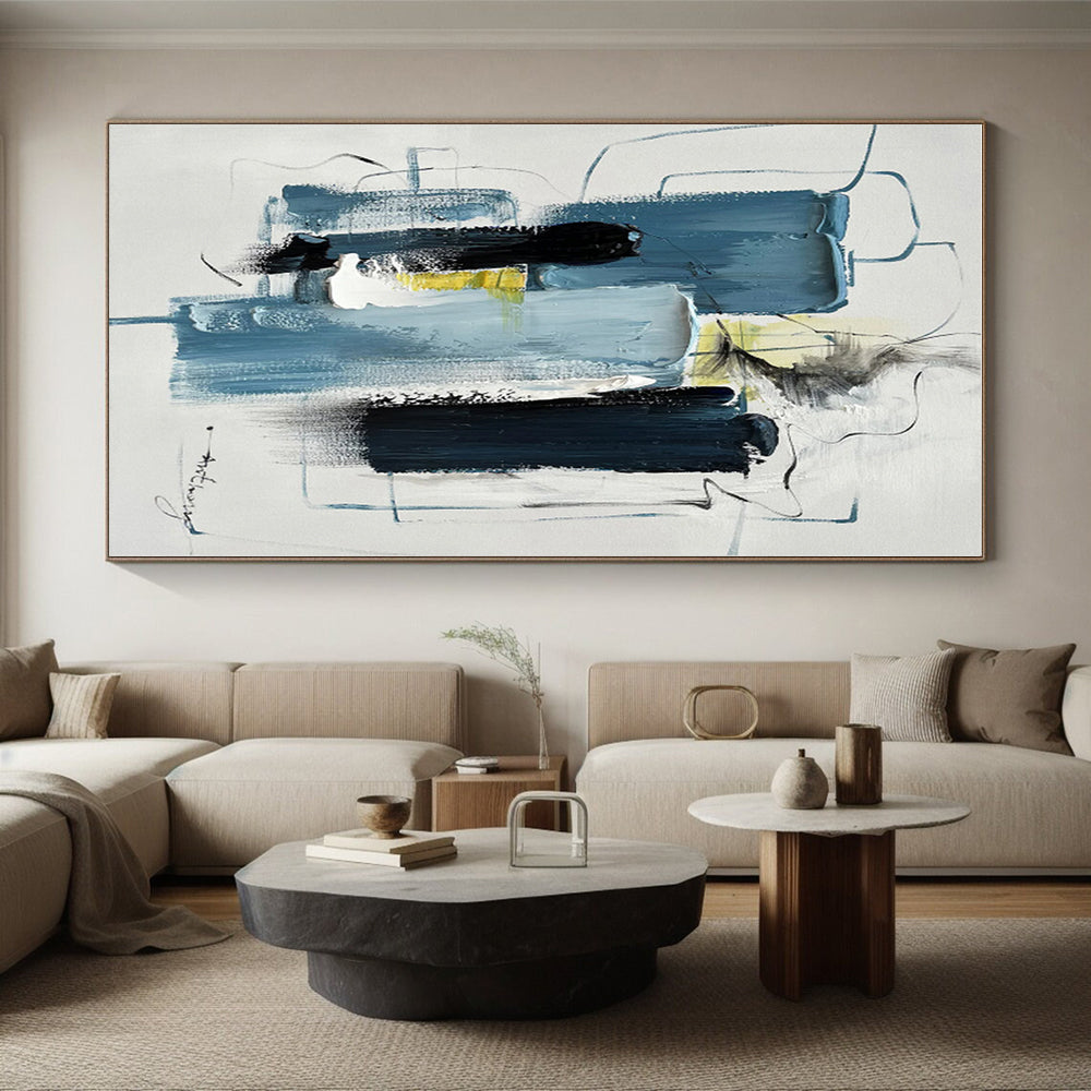 “Blue - Black - Yellow Abstract Forms” - Blue, Black, Yellow, White Abstract Painting On Canvas PS0516