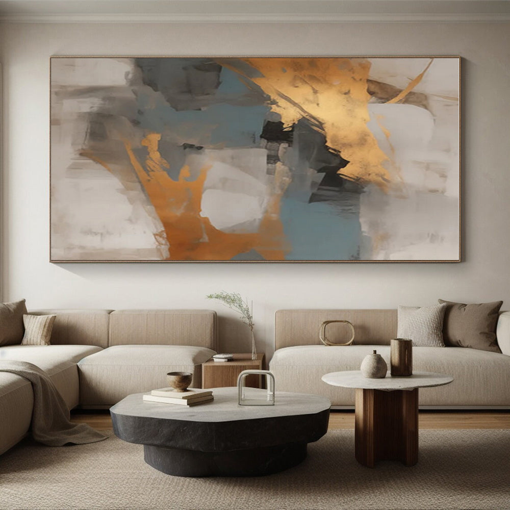 Gray, Gold & Blue Abstract Blocks "Skyward Harmony" Painting On Canvas PS0848
