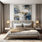 Gray, Blue, Gold with Abstract Drips and Splashes "Gilded Drizzle" Abstract Painting On Canvas PS1303