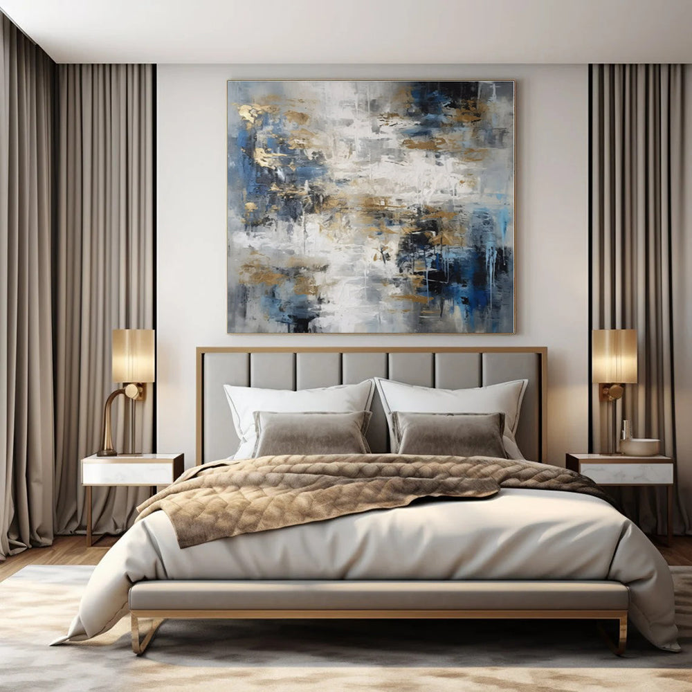 Gray, Blue, Gold with Abstract Drips and Splashes "Gilded Drizzle" Abstract Painting On Canvas PS1303