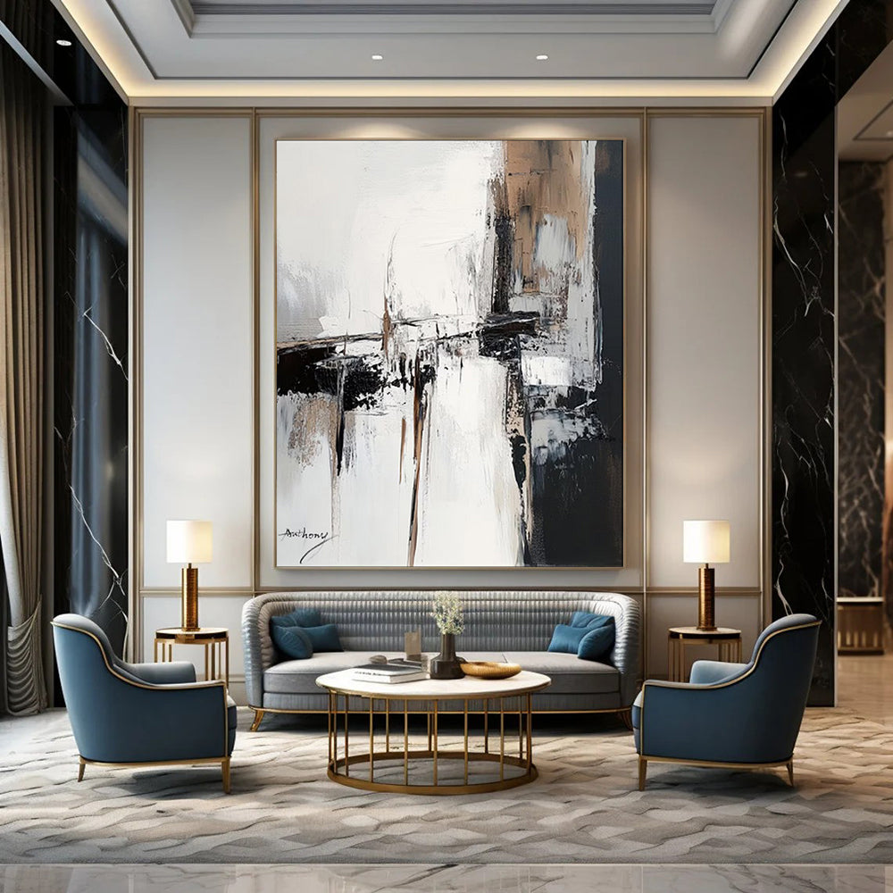 White - Black - Brown Abstract Structure, In the Style of Barnett Newman, Painting On Canvas PT2087