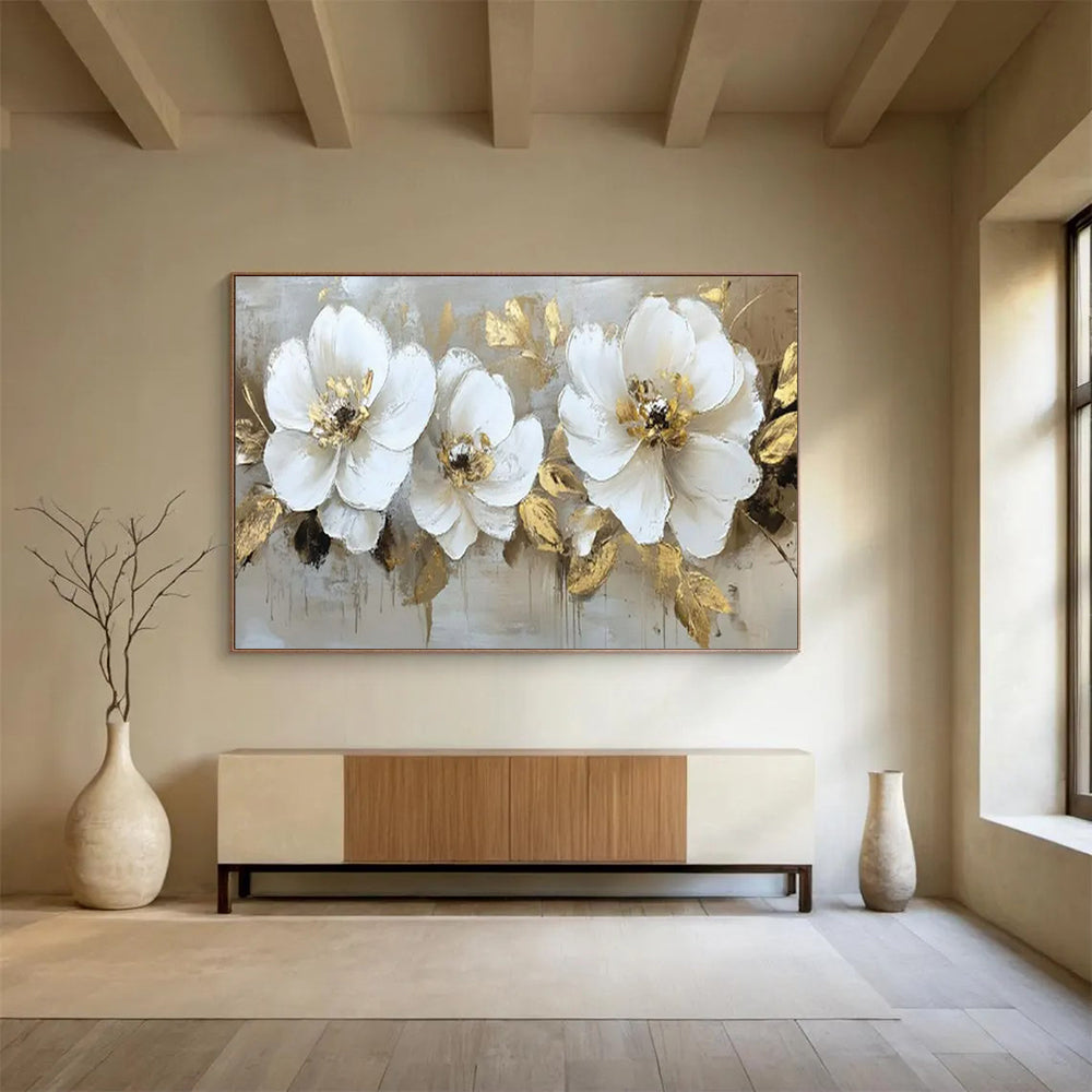 “White Blooms & Gold Foliage” - Floral Impasto - Painting On Canvas PT1705