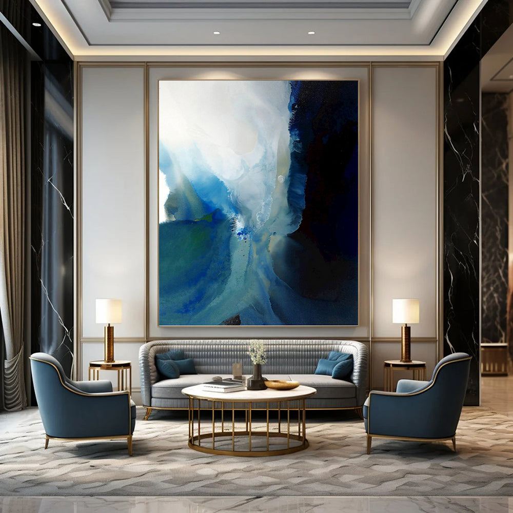 “Blue - White Fusion: Abstract Watercolor Flow” - Expressive Watercolor Painting On Canvas PT0941