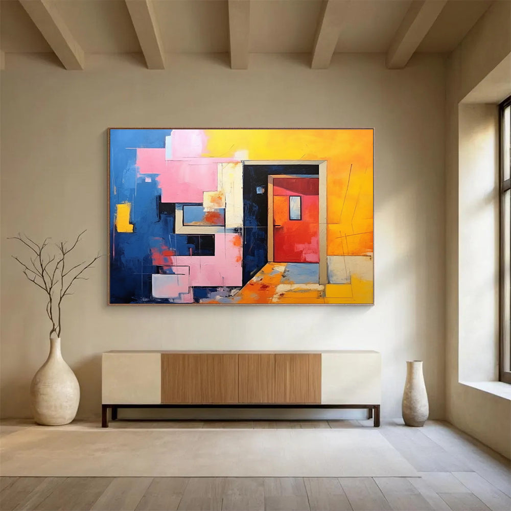 Geometric Doorway: Blue, Pink & Yellow Abstract Cubist Architecture Painting for Contemporary Office & Art - Lovers’ Café DKS642