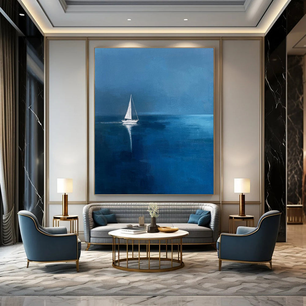 “Deep Blue Sailing Solitude” - Minimalist Seascape Painting On Canvas PT1877