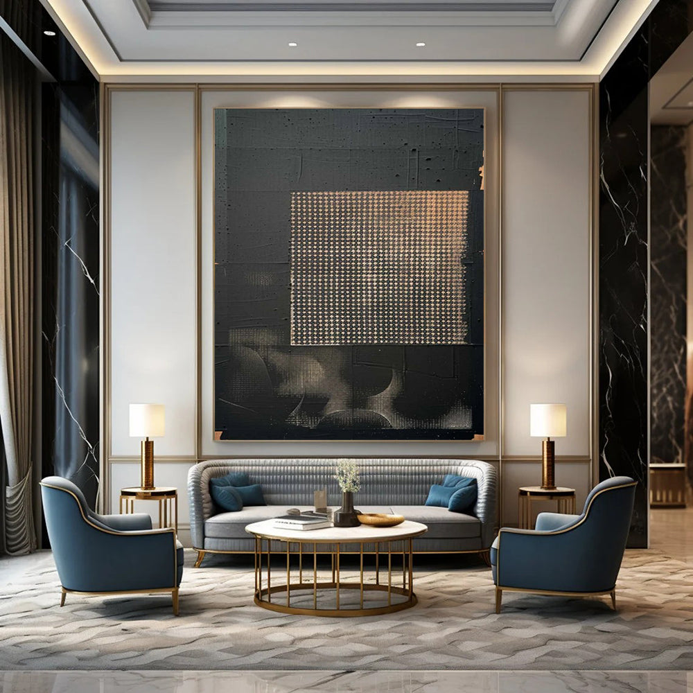 “Black & Gold Grid Abstract” - Geometric Abstract Painting On Canvas DS306