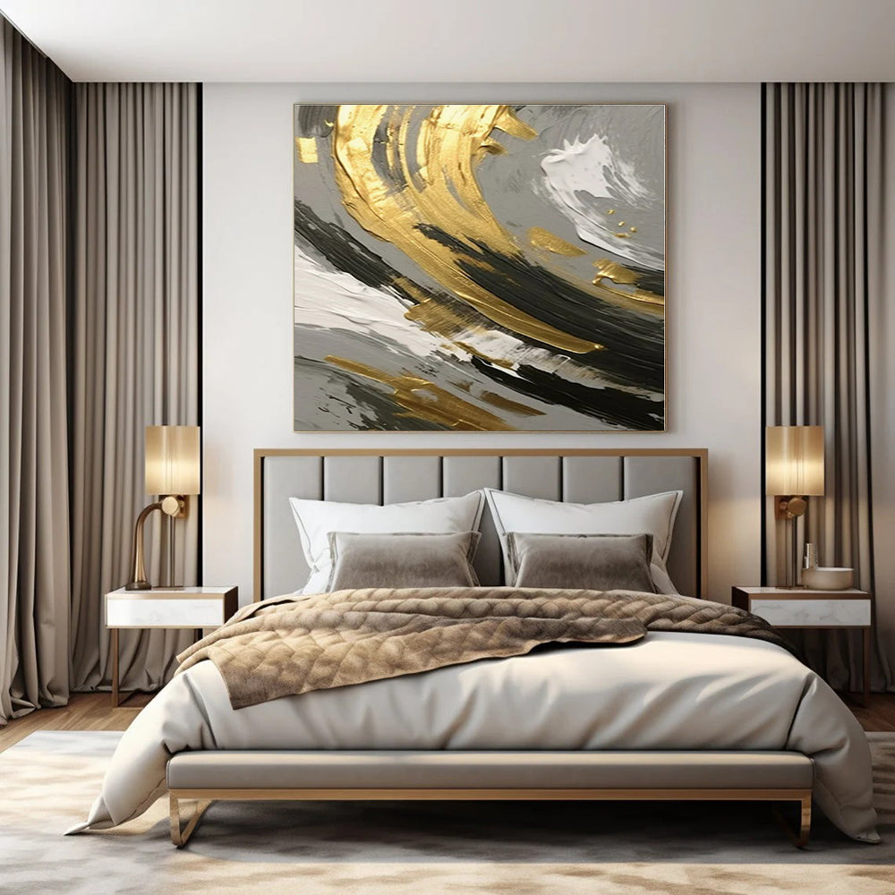 Gold, Black, and White Swirl Detail - Close - Up Textured Abstract Painting On Canvas PS1252