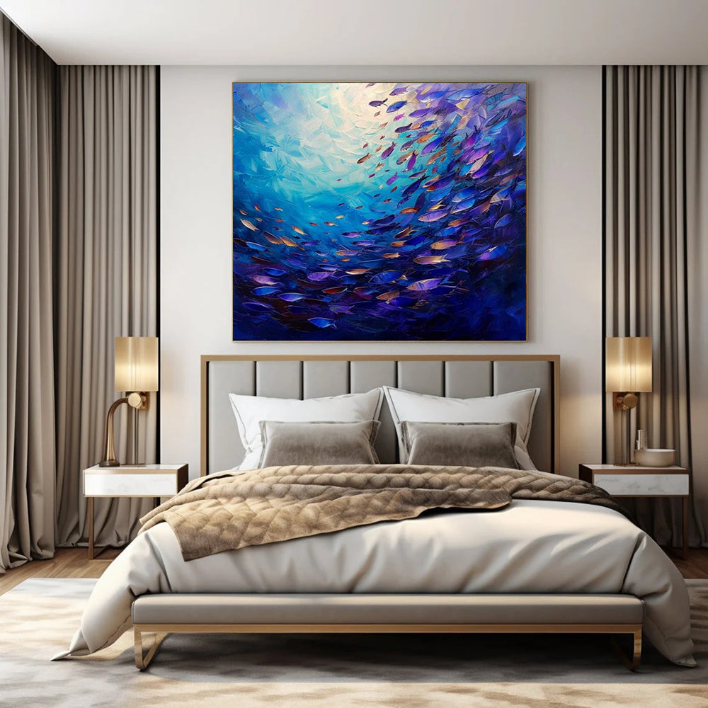 Blue - Hued Underwater Scene with Colorful Fish "Oceanic Symphony" Oil Painting On Canvas PS1064