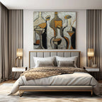 Beige, Gold, Black with Stylized Bottles "Vintage Soiree" Abstract Still - Life Painting On Canvas PS1193