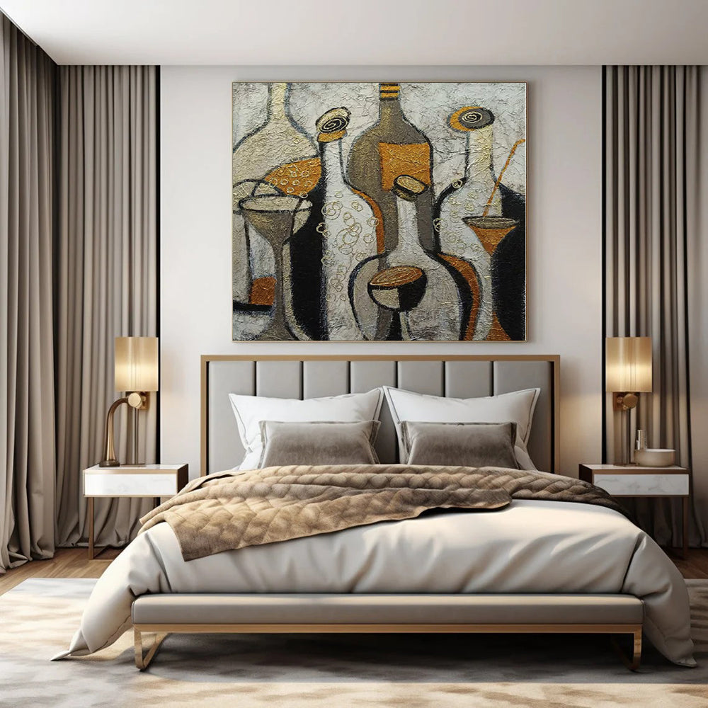 Beige, Gold, Black with Stylized Bottles "Vintage Soiree" Abstract Still - Life Painting On Canvas PS1193