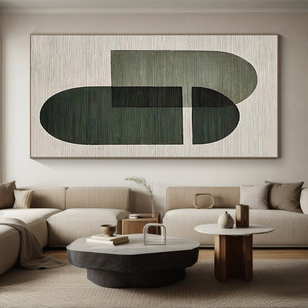 “Green Geometric Shapes” - Green, Gray Abstract Geometric Painting On Canvas PS0674