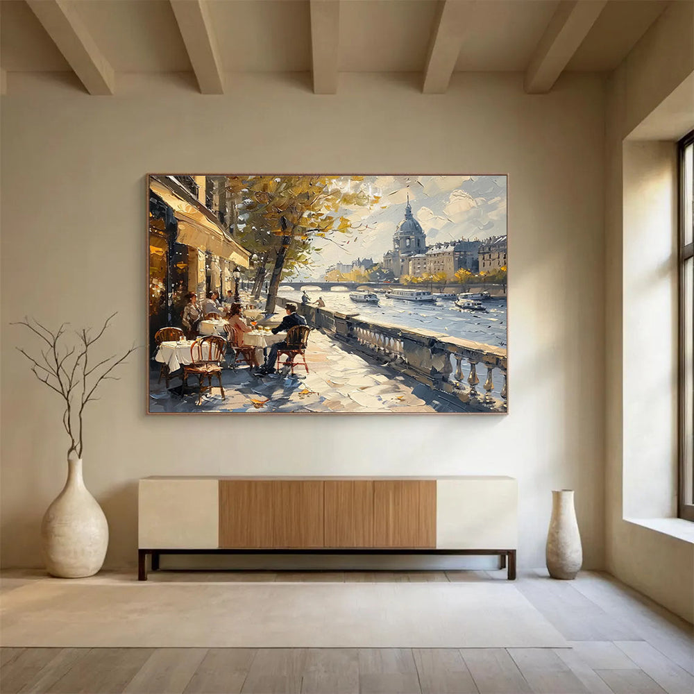 Riverbank Café - Cityscape Oil Painting, Ideal for Kitchen & Patio DKS666