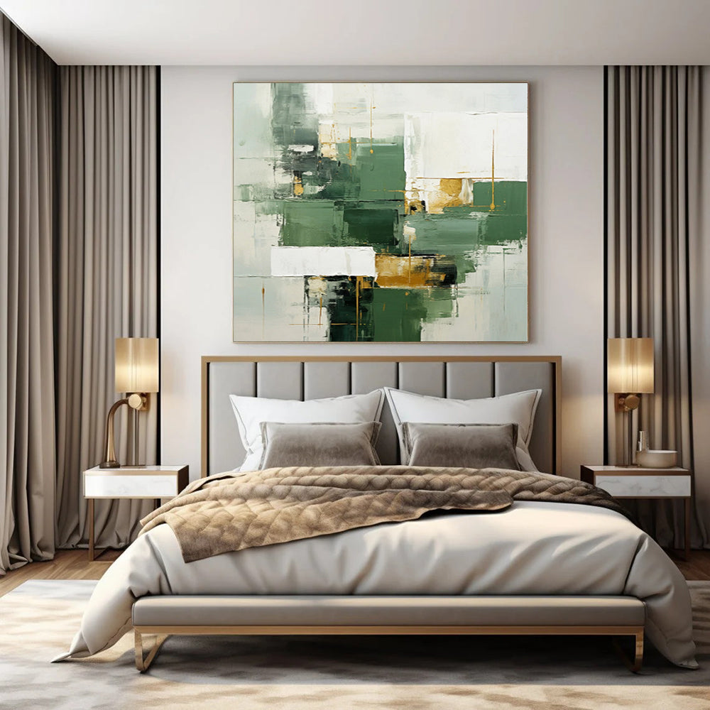 “Green - Gold Geometric Fusion” - Modernist Abstract Art On Canvas PS0199