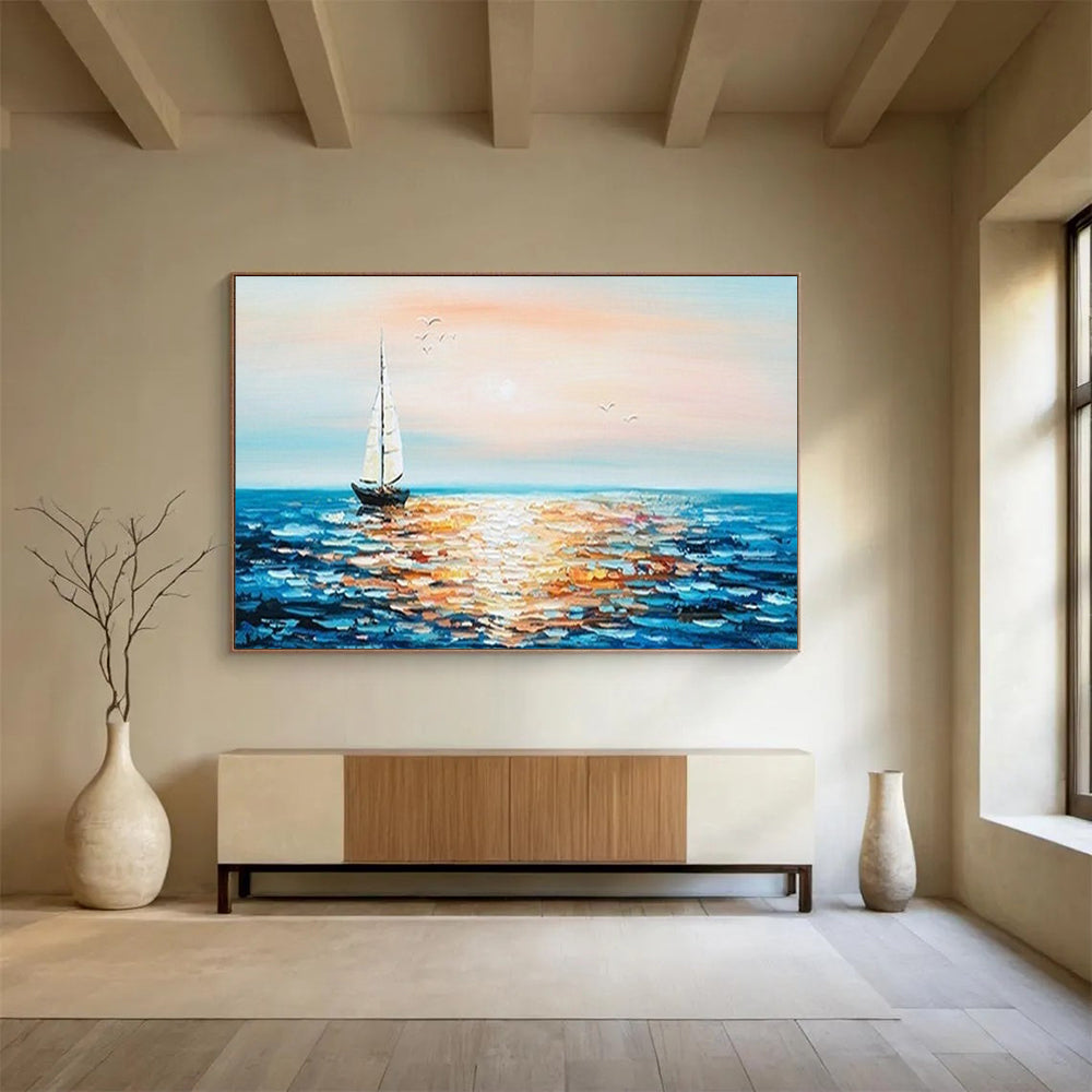 “Sailboat at Sunset” - Classic Coastal Painting On Canvas PT188