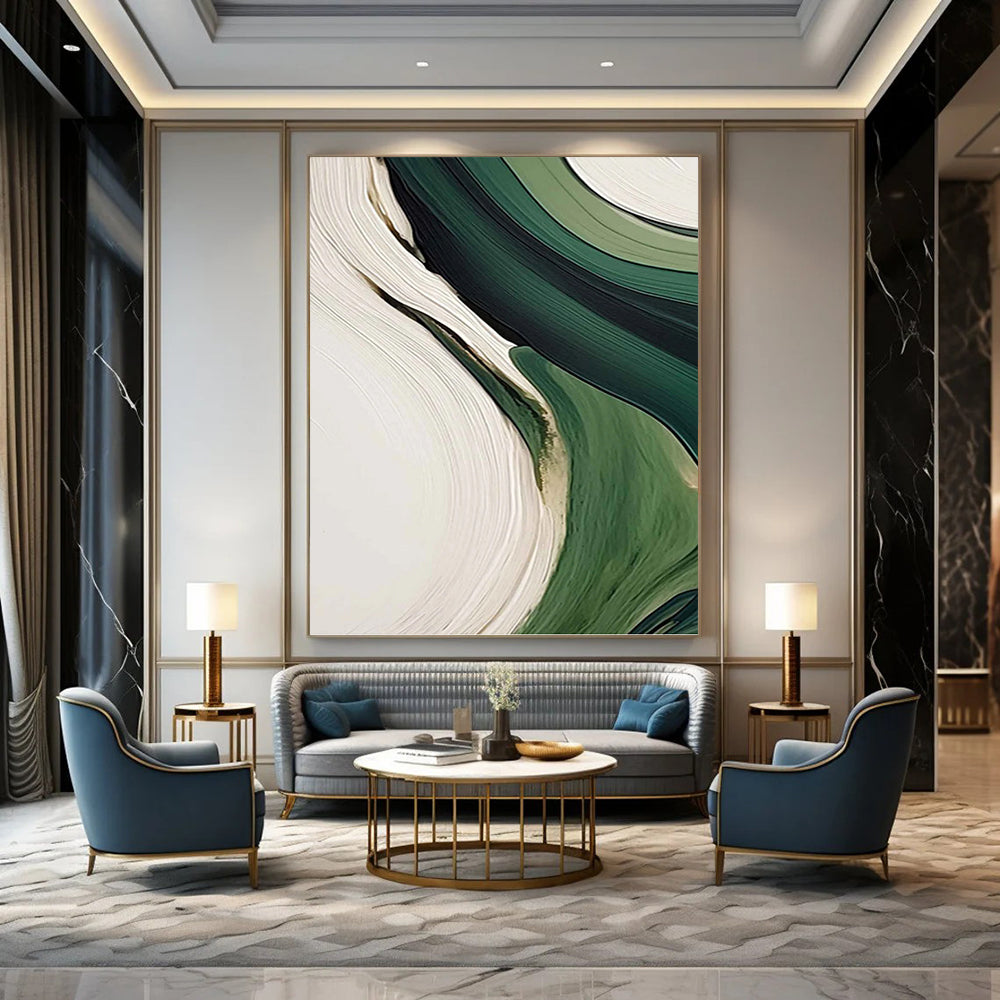 “Green & White Flowing Abstraction” - Fluid, Abstract Shapes Painting On Canvas PT1468