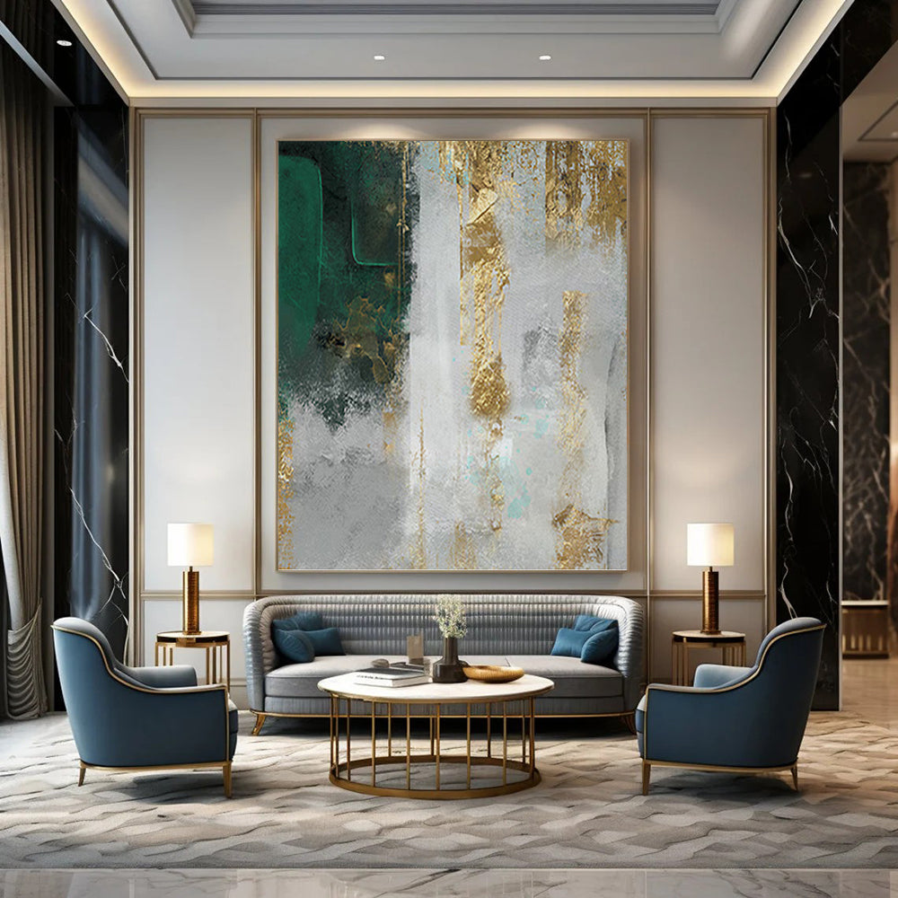 “Green and Gold Textured Abstract” - Abstract, Metallic - Accented Painting On Canvas PT1518