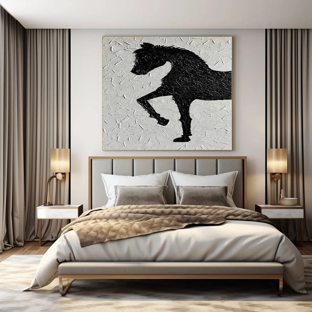 Textured Black Horse Silhouette on White "Equestrian Impression" Mixed - Media Painting On Canvas PS1079