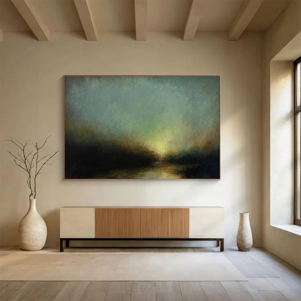 “Moody Greenish Glow” - Green, Yellow & Black Landscape, Impressionistic Oil Painting On Canvas DKS777