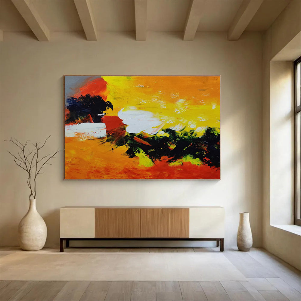 Fiery Abstract: Yellow, Orange & Green Expressionist Painting for Modern Living Room & Creative Studio DKS652
