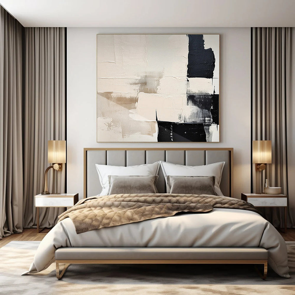 “Beige - Black - Gray Geometric” - Sleek Abstract Painting On Canvas PS0130