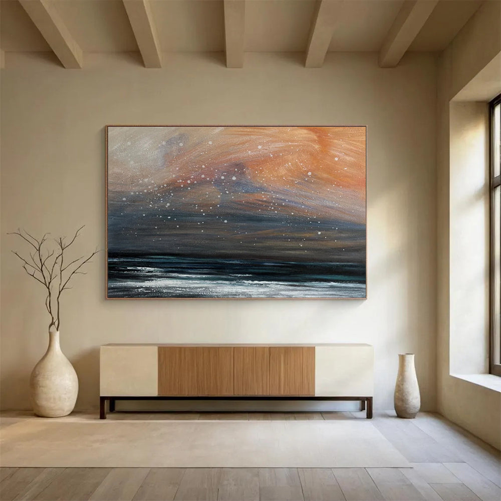 Orange and Grey Sky Over Dark Sea with Snow Seascape Painting On Canvas DKS110