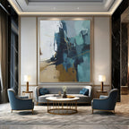 “Blue - Grey Abstract with Golden Lines” - Modern Abstract Painting On Canvas PT1016