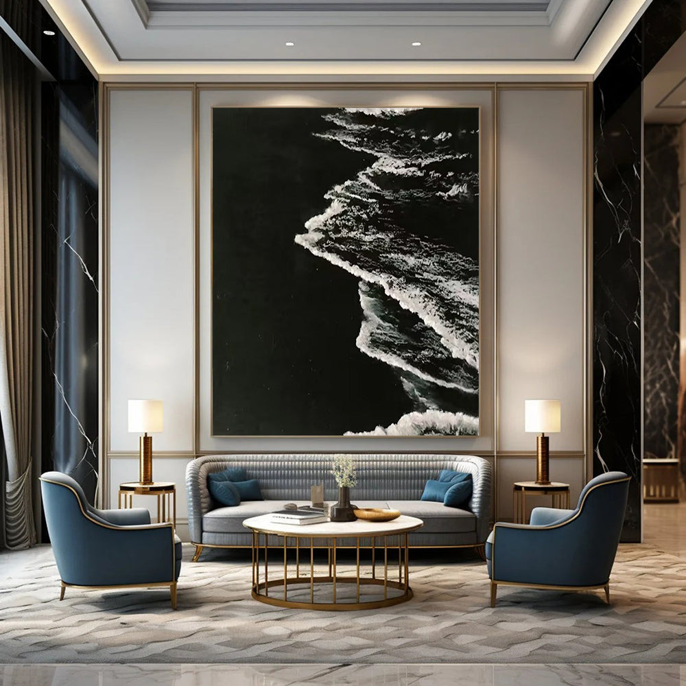 “Black and White Textured Wave Abstraction” - Minimalist Ocean Painting On Canvas DS349