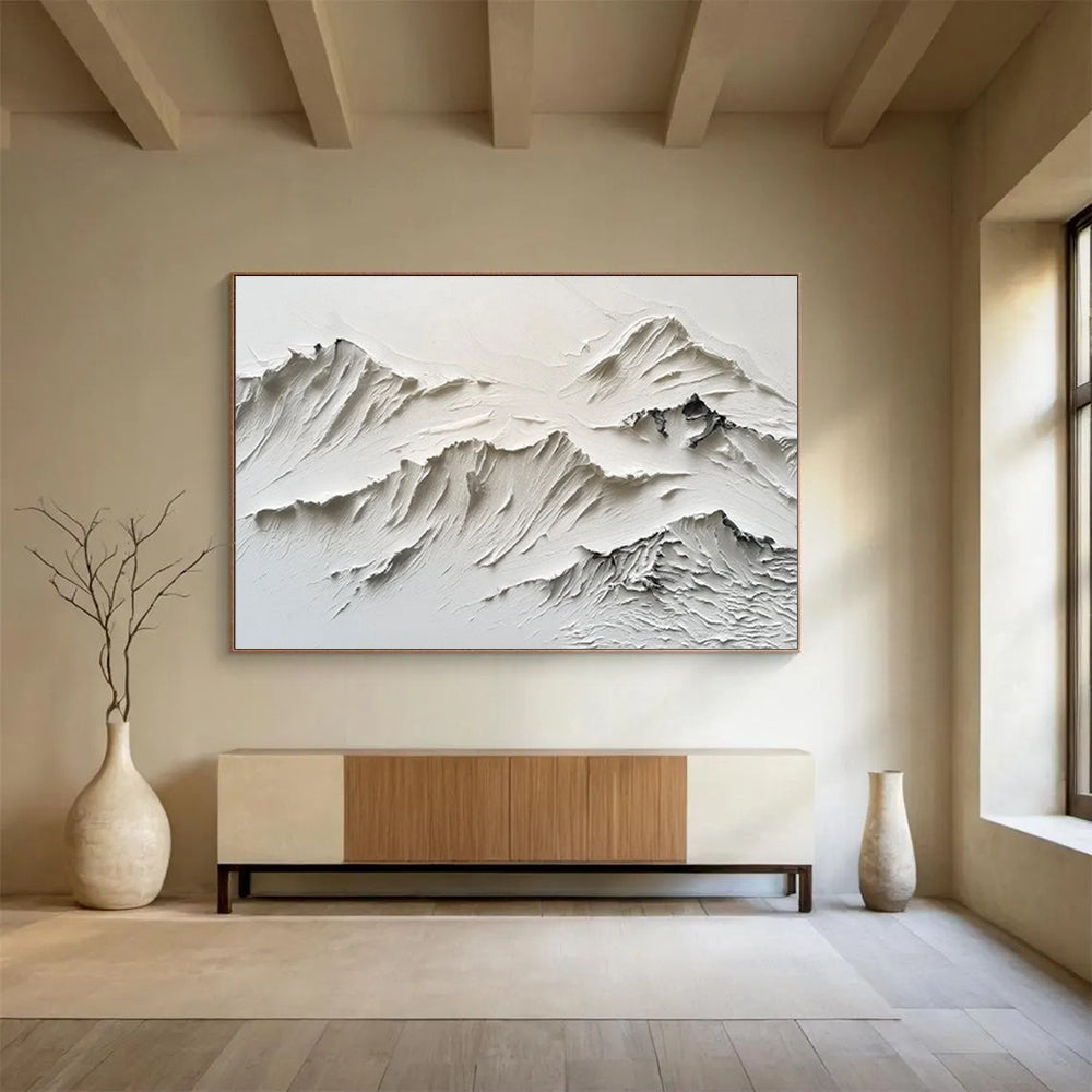 “White Textured Mountain Relief” - Sculptural Abstract Painting On Canvas DKS459
