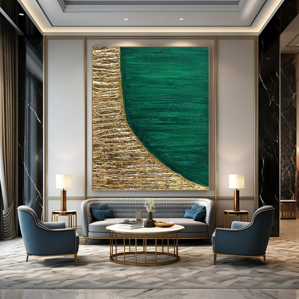 “Gold - Green Curved Textures” - Textured Abstract Painting On Canvas PT1219