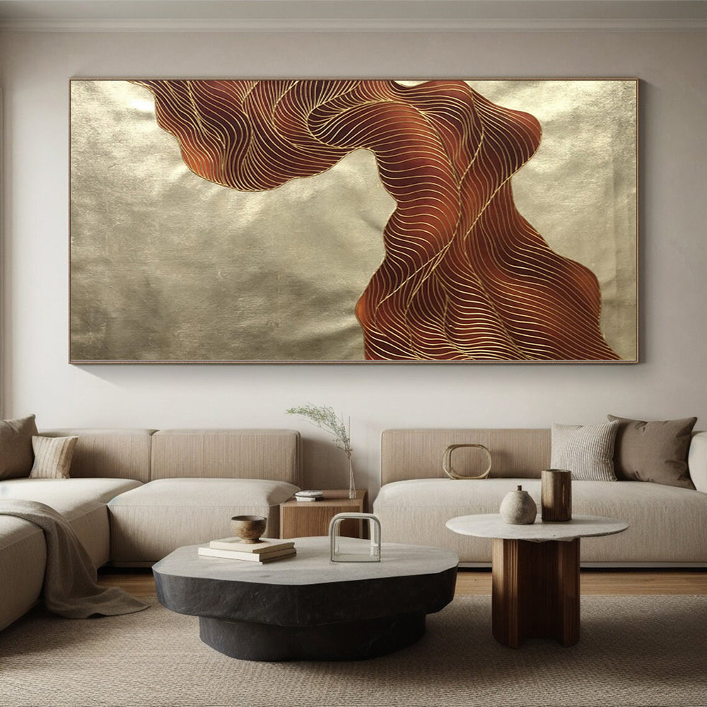“Brown - Gold Abstract Flowing Ribbons” - Opulent Abstract Painting On Canvas PS0347