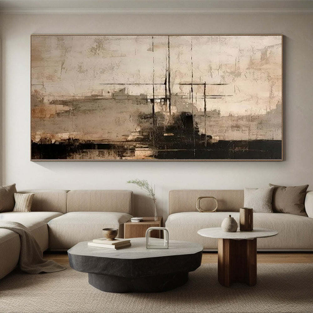 “Neutral Toned Abstract with Black Crossed Lines” - Geometric Abstract Painting On Canvas PS0272