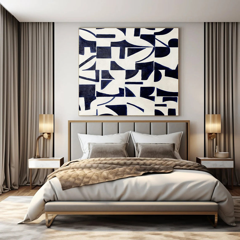Navy, White with Geometric Shapes "Geometric Pulse" Abstract Painting On Canvas PS1327