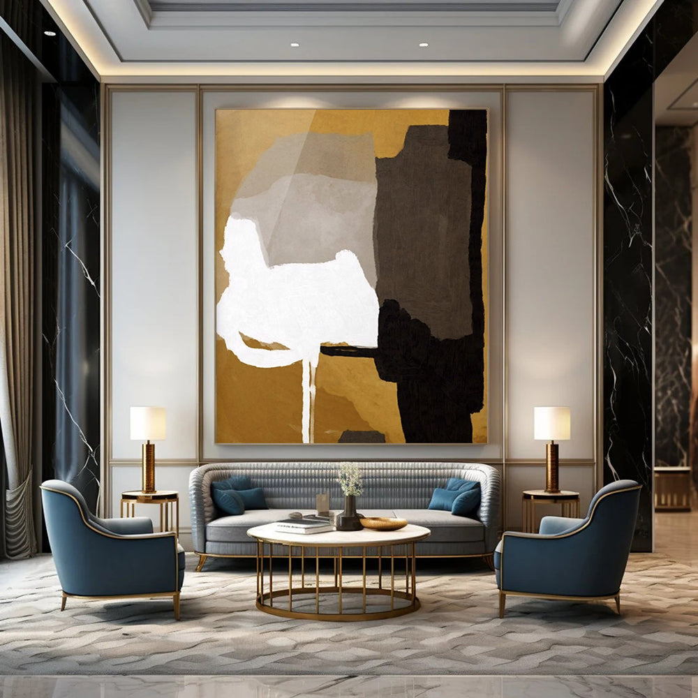 “Neutral Tones Geometric Abstract” - Gold, Gray & Black Shapes Painting On Canvas DS236