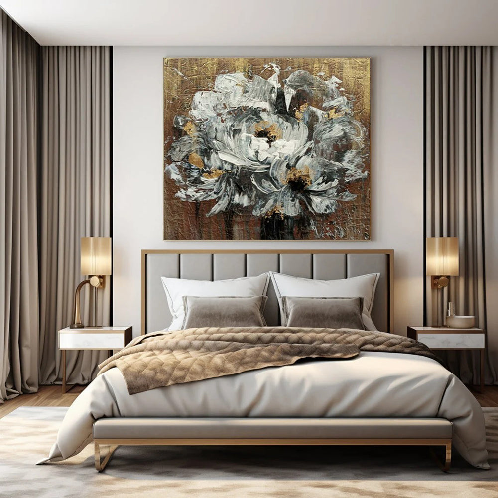 White, Gray, Gold with Textured Flowers "Gilded Blooms" Abstract Floral Painting On Canvas PS1194