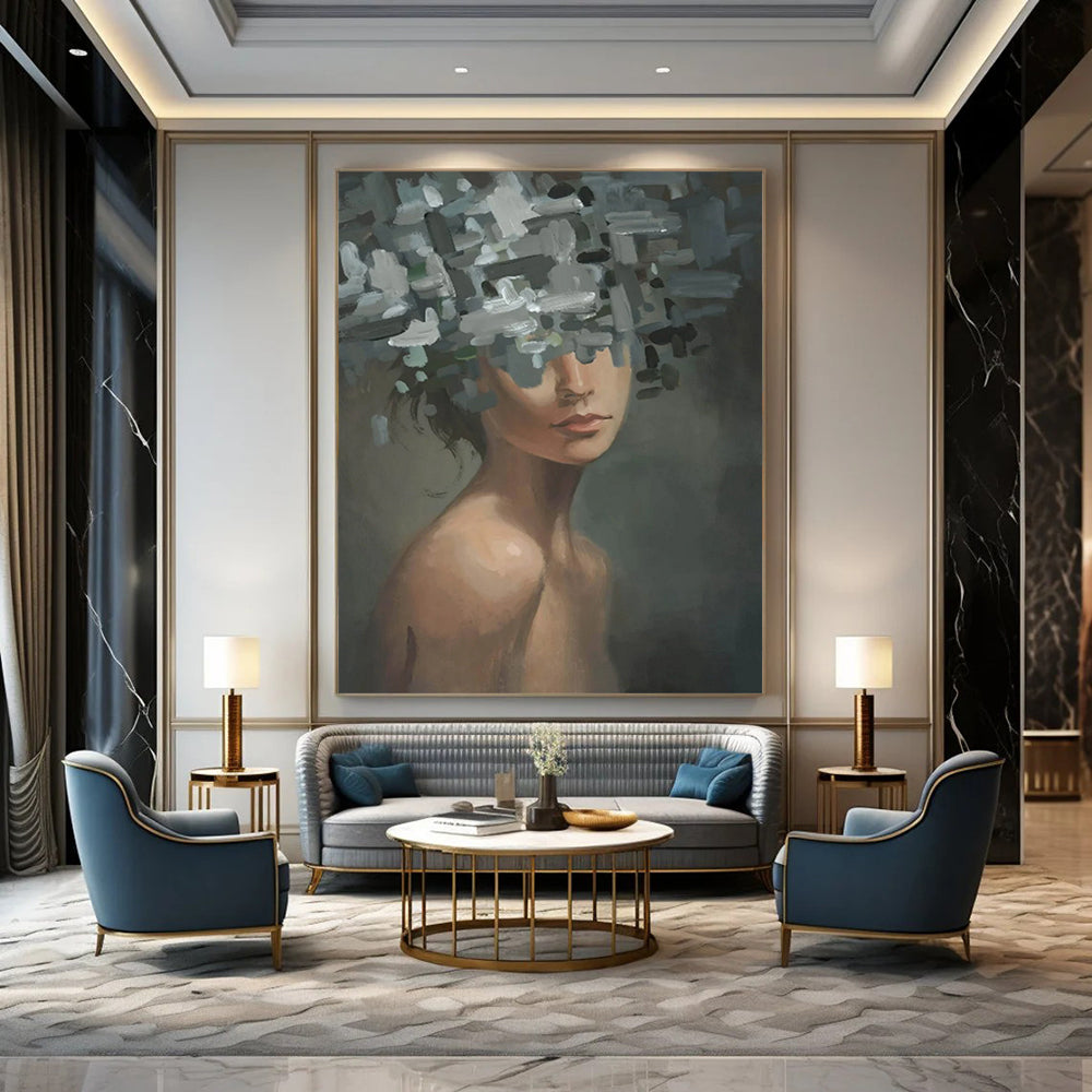 “Grey, Green, and White Fragmented Floral Head” - Abstract Figurative Painting On Canvas DS328