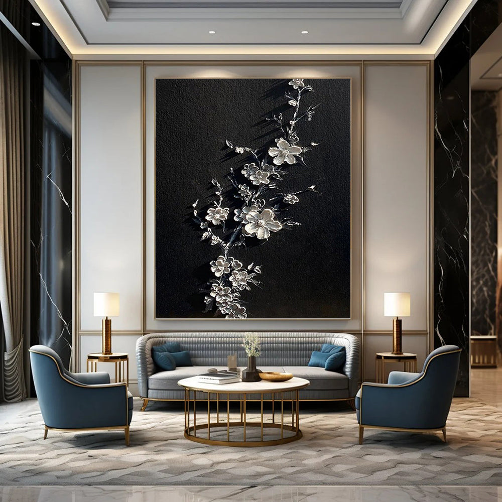 “Black and Silver Floral Relief” - Abstract, Sculptural Painting On Canvas PT1543