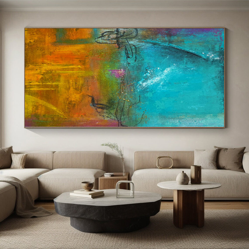 “Turquoise - Orange Abstract” - Vibrant Abstract Painting On Canvas PS0059