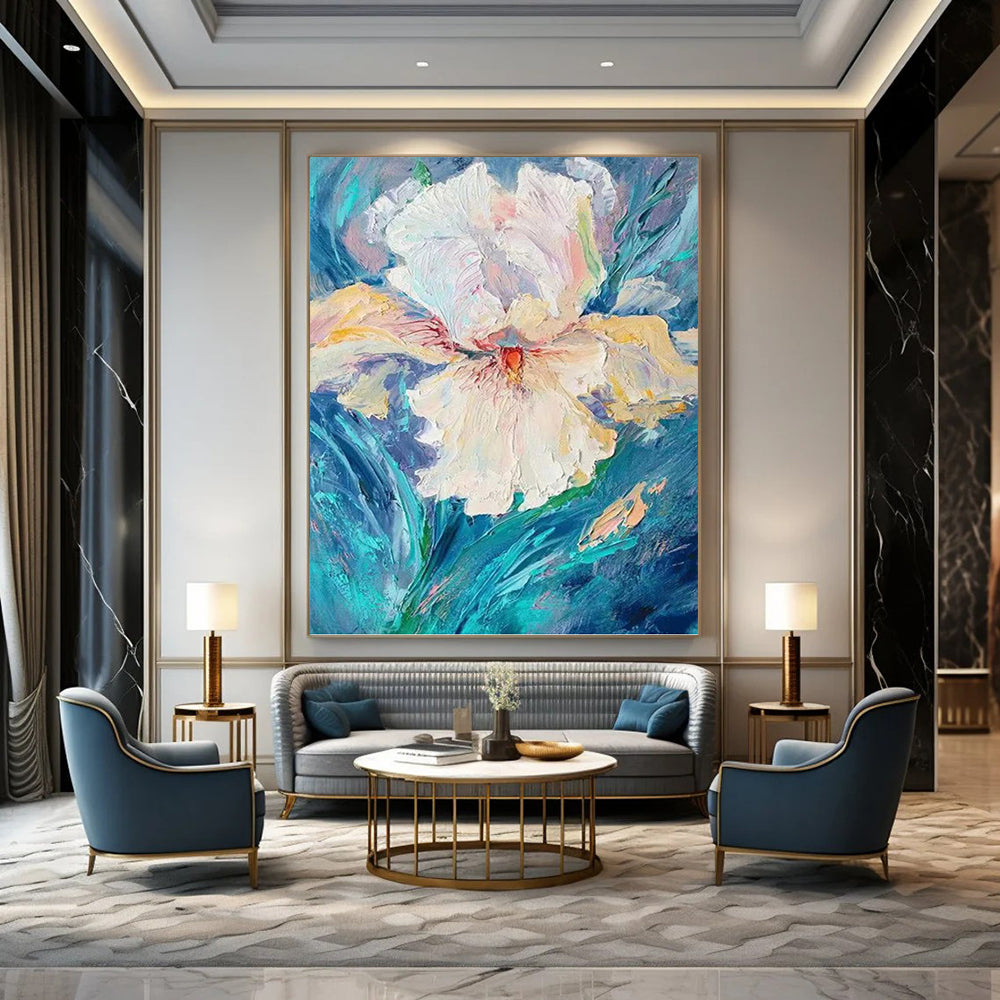 “White Flower: Textured Impasto on Blue” - Impressionistic Floral Painting On Canvas PT0942