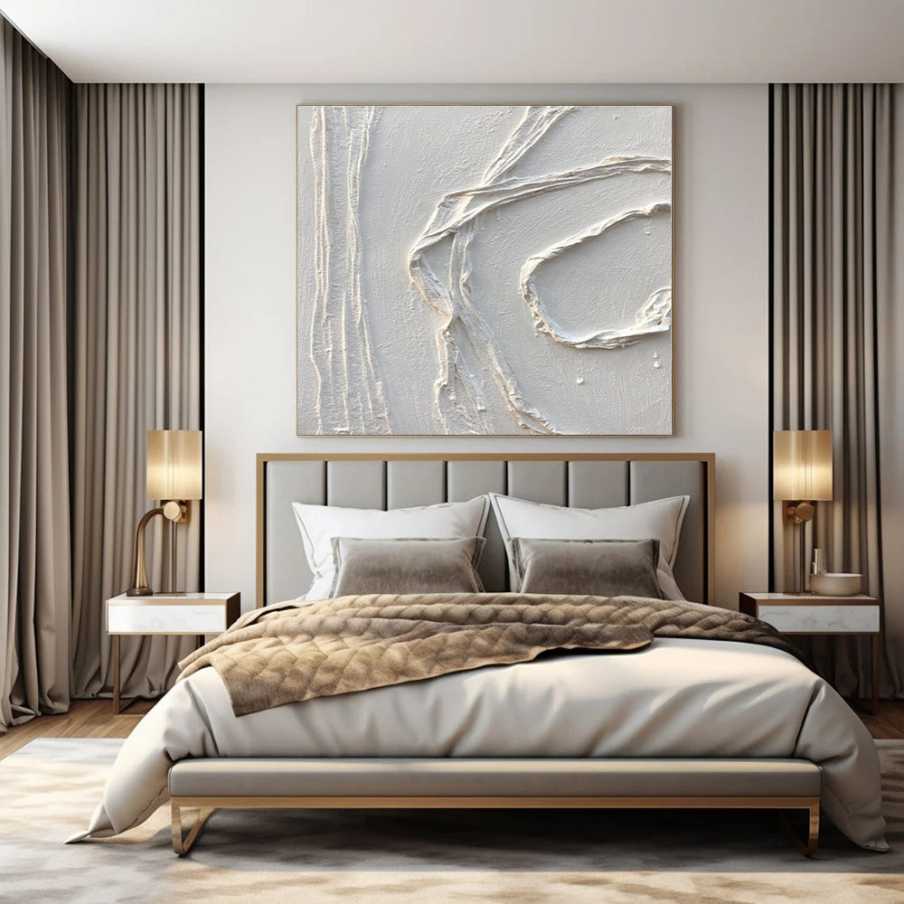 White with Curved Textures "White Swirls" Abstract Painting On Canvas PS1348
