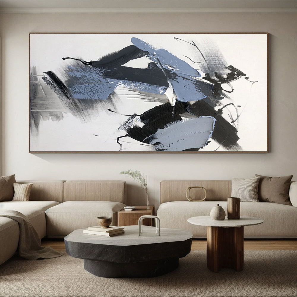 “Black - Gray - Blue Dynamic Shapes” - Black, Gray, Blue Abstract Painting On Canvas PS0498